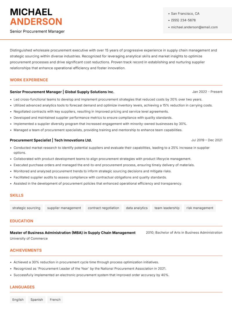 Wholesale Procurement Executive Resume Template