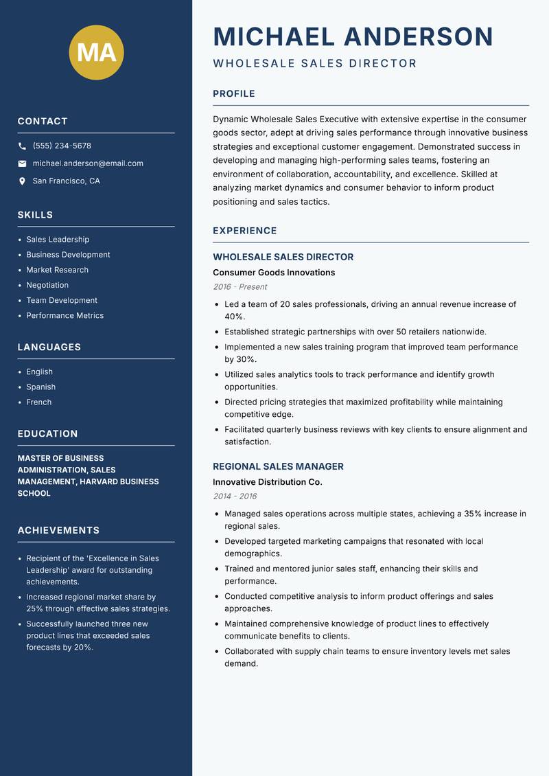 Wholesale Sales Executive Resume Preview Example