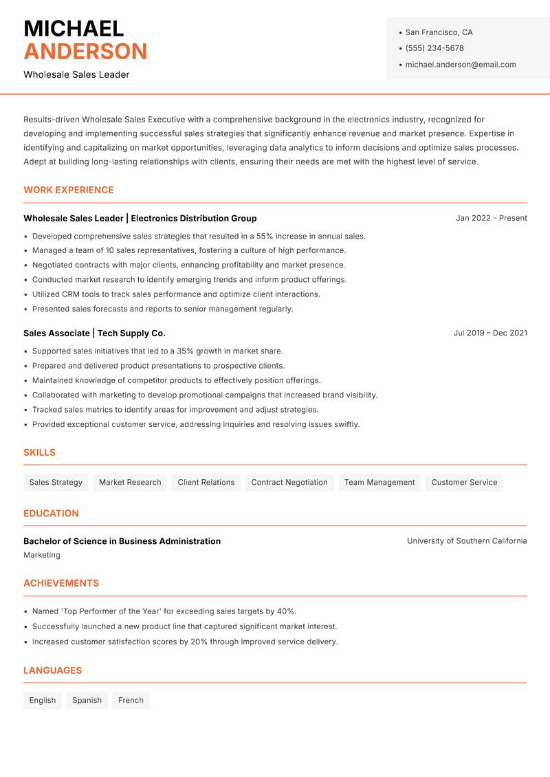 Wholesale Sales Executive Resume Template