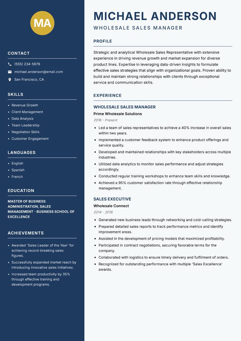 Wholesale Sales Representative Resume Preview Example