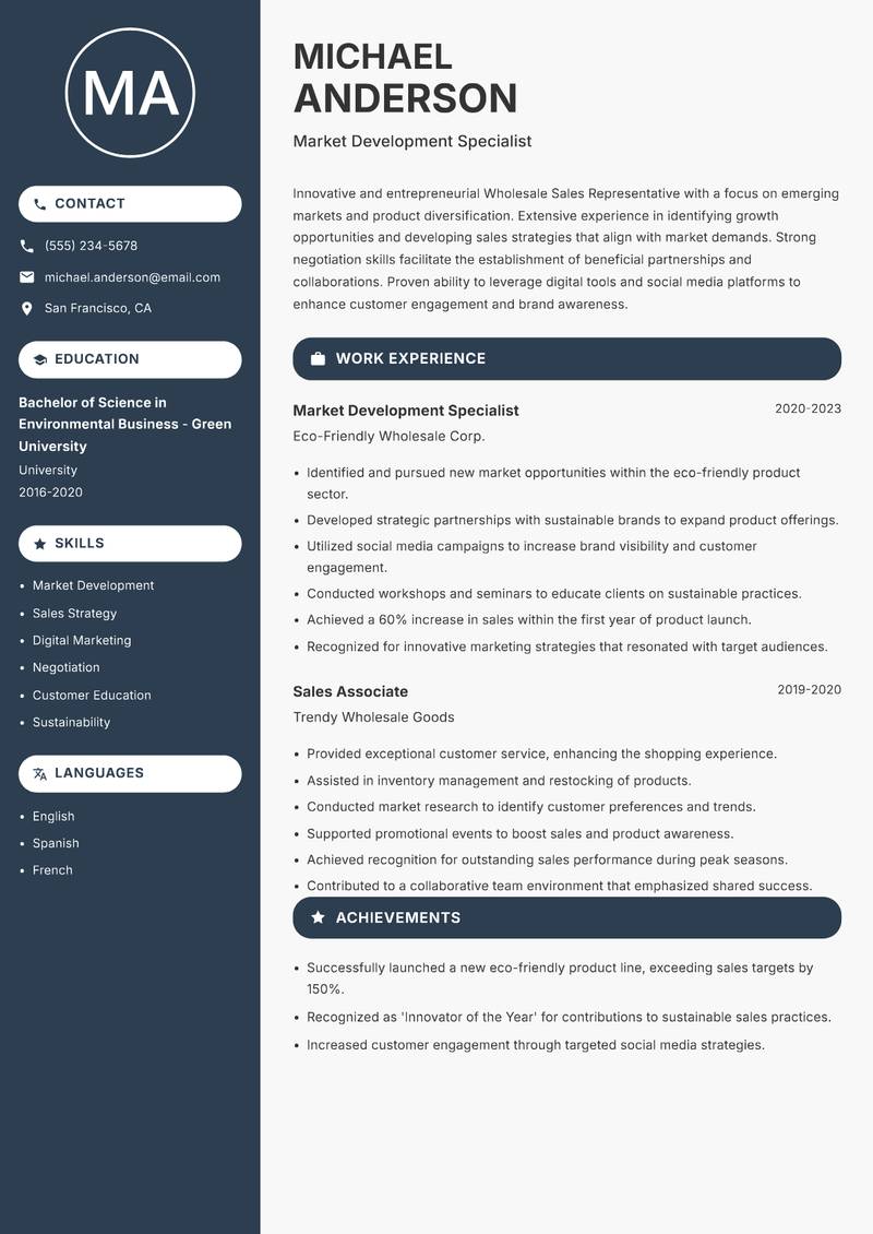 Wholesale Sales Representative Resume Preview Example