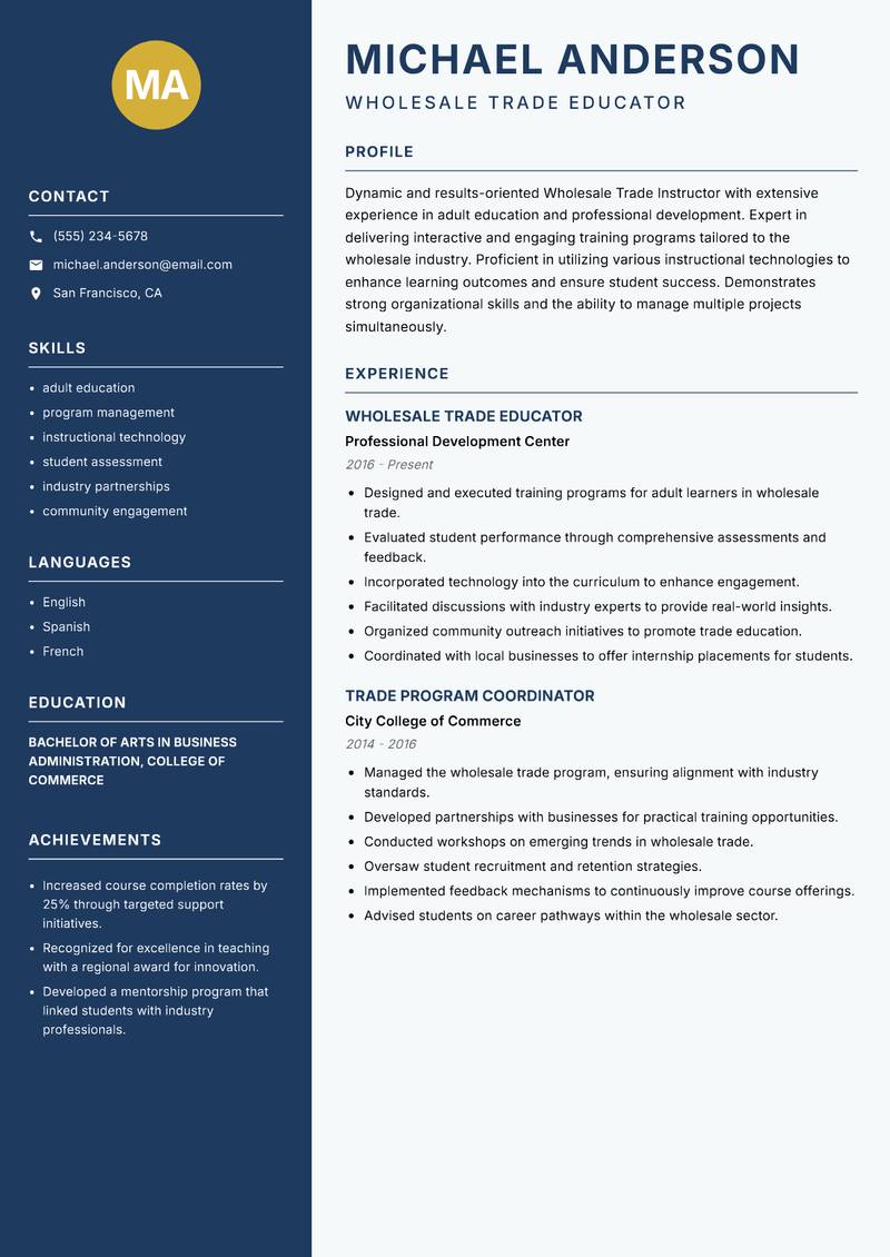 Wholesale Trade Instructor Resume Preview Example