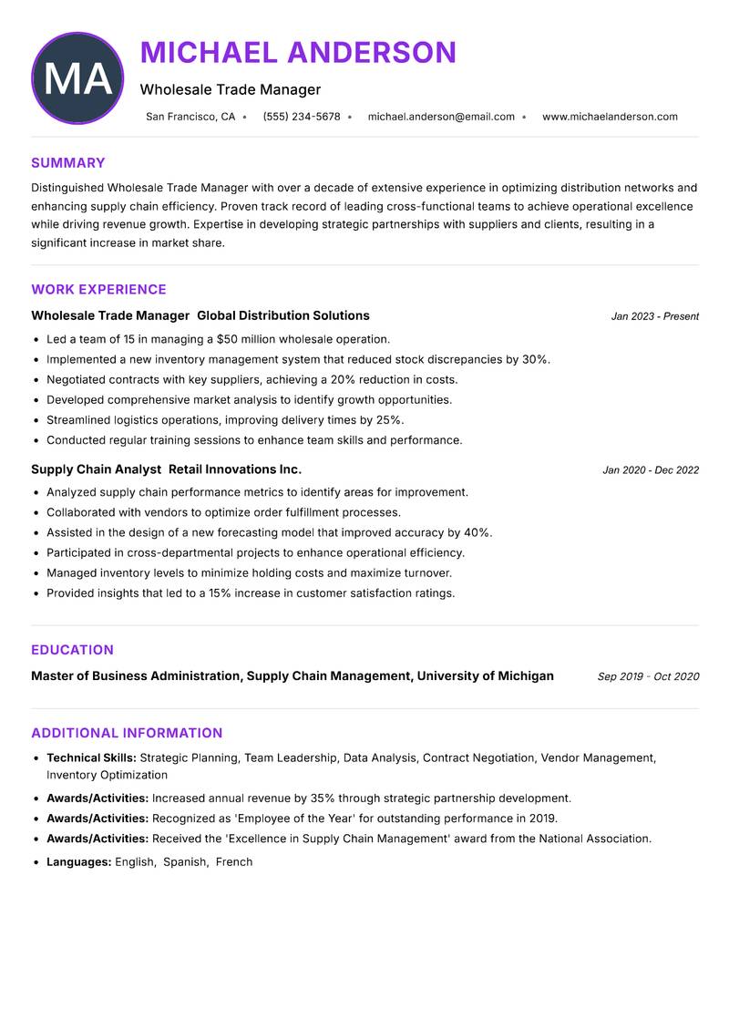 Wholesale Trade Manager Resume Preview Example