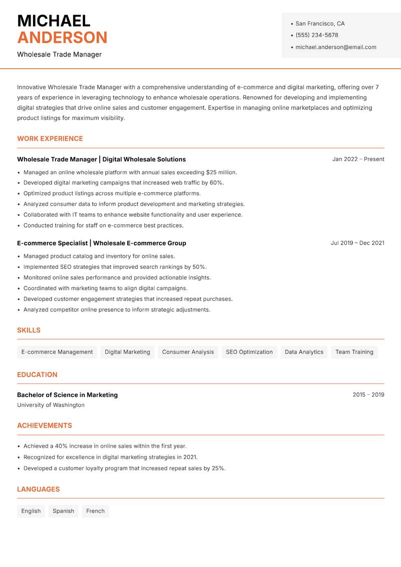 Wholesale Trade Manager Resume Template