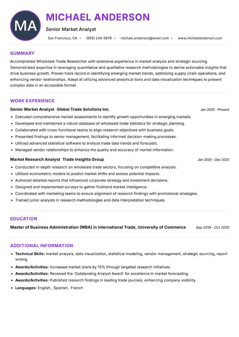 Wholesale Trade Researcher Resume Preview Example