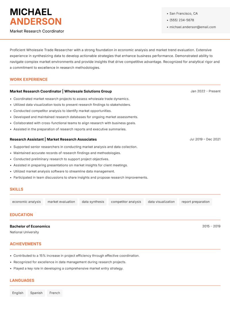 Wholesale Trade Researcher Resume Template