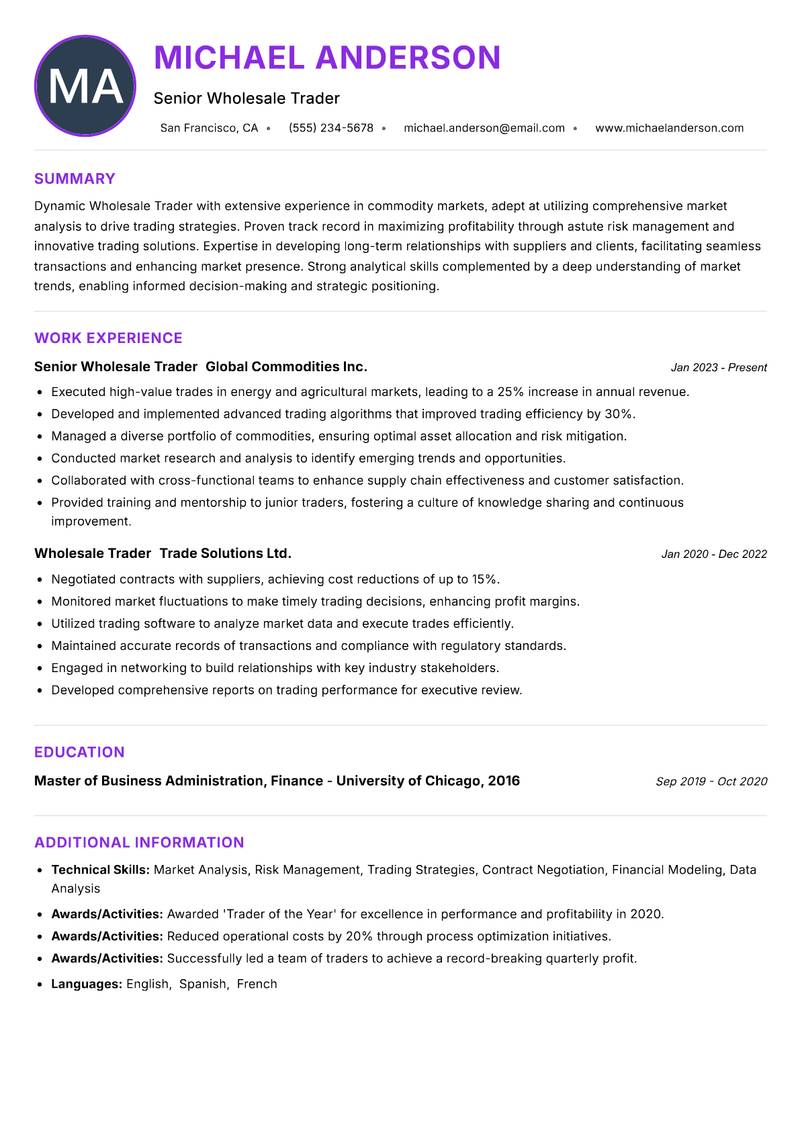 Wholesale Trader Resume Preview Example
