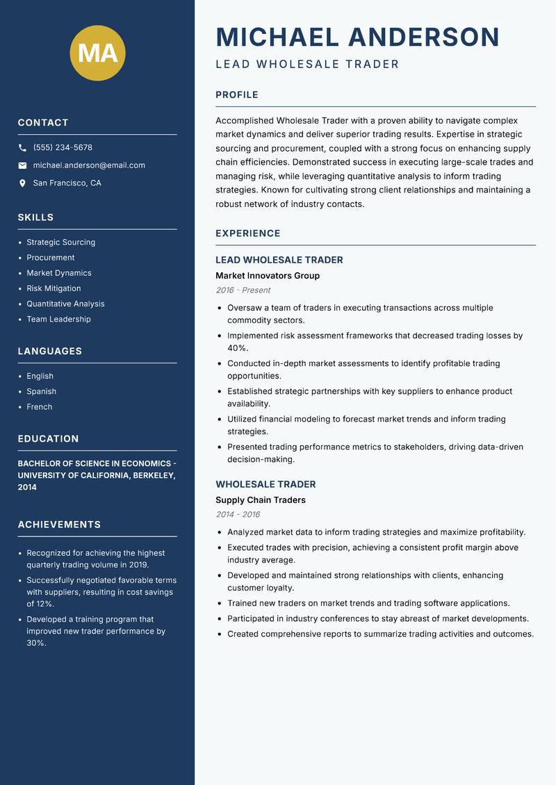 Wholesale Trader Resume Preview Example