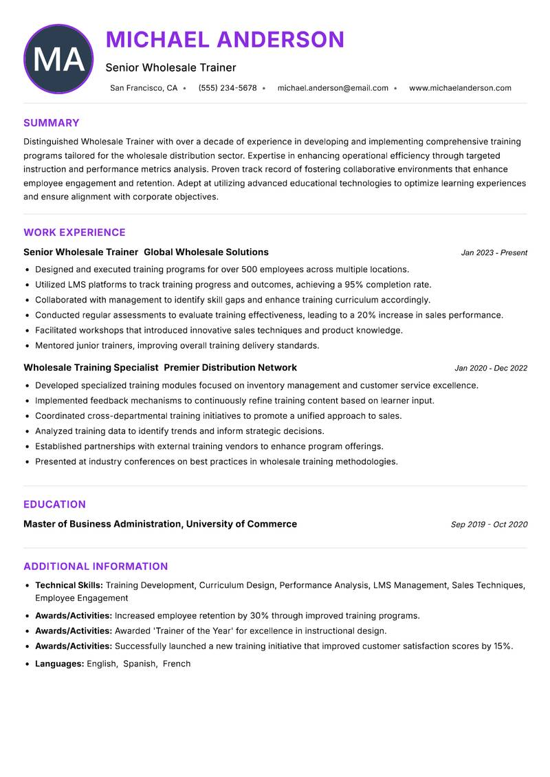 Wholesale Trainer Resume Preview Example
