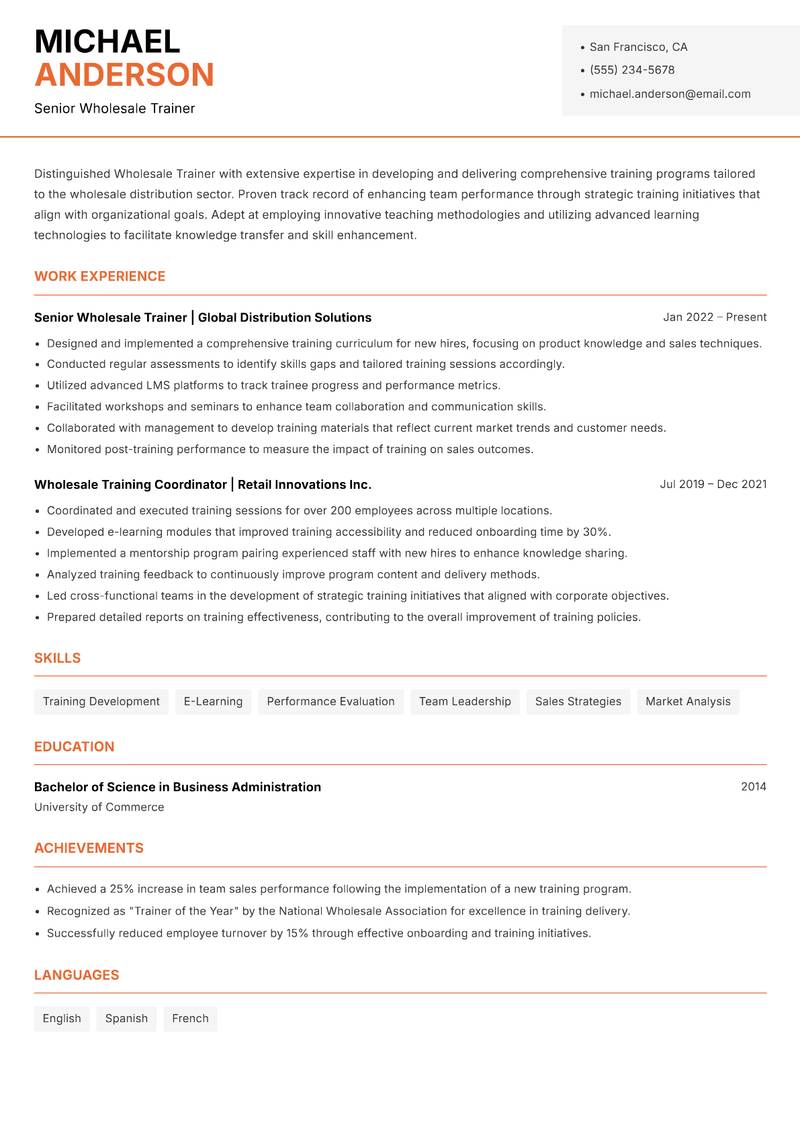 Wholesale Trainer Resume Template