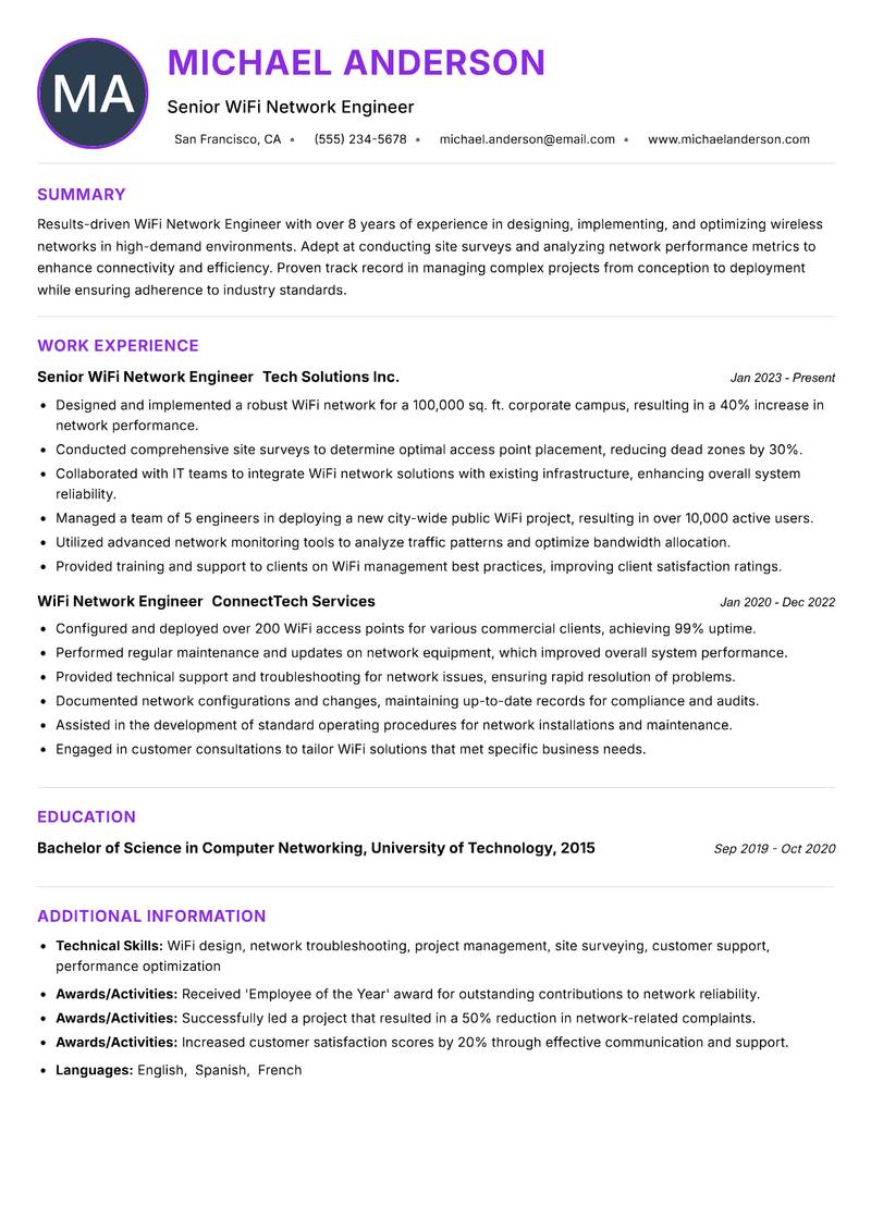 WiFi Network Engineer Resume Preview Example