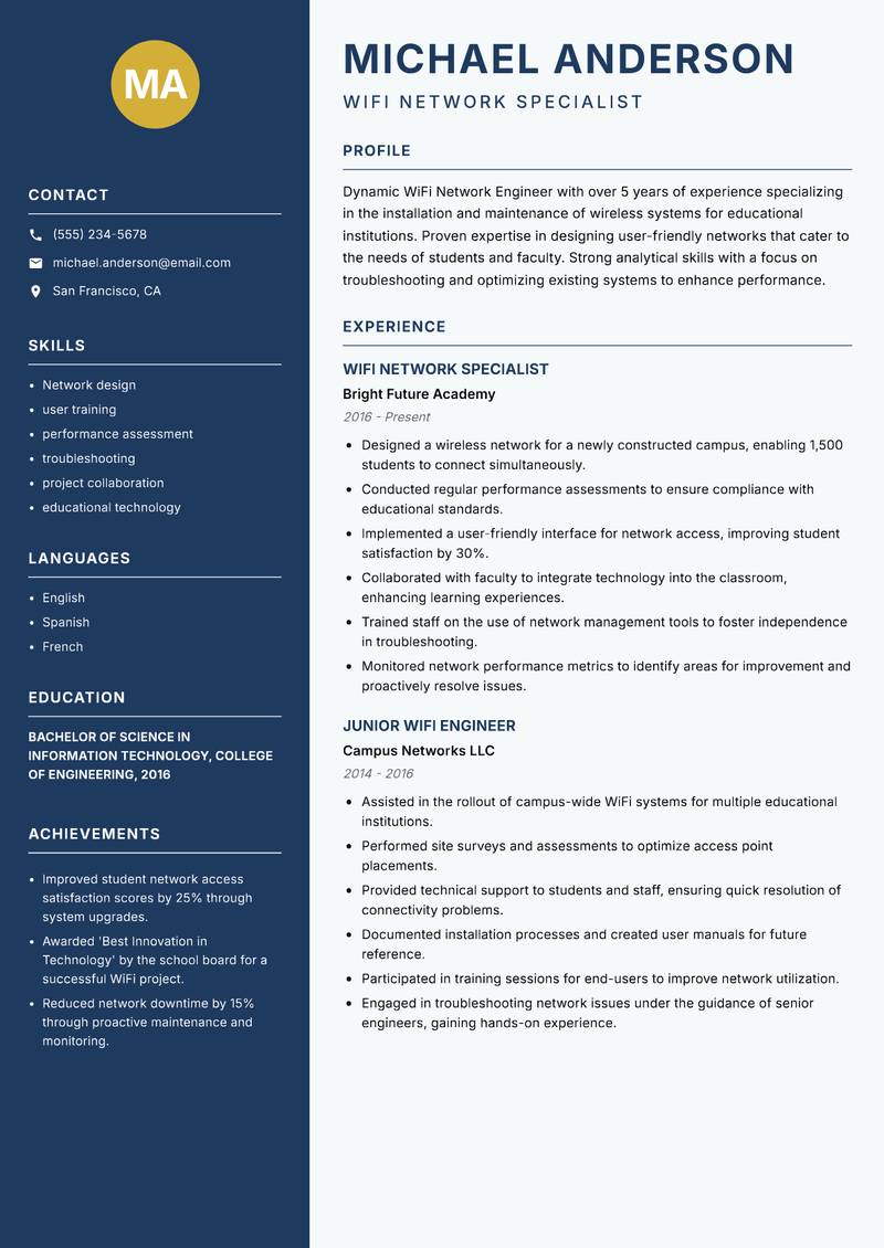 WiFi Network Engineer Resume Preview Example
