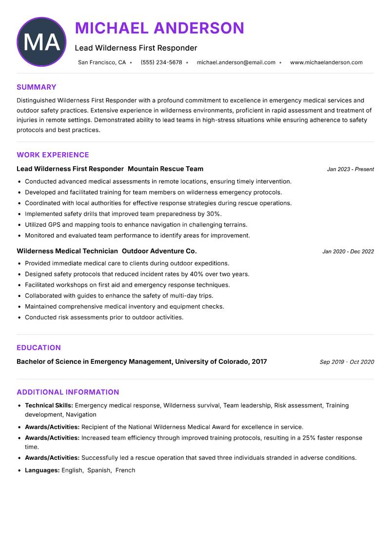 Wilderness First Responder Resume Preview Example