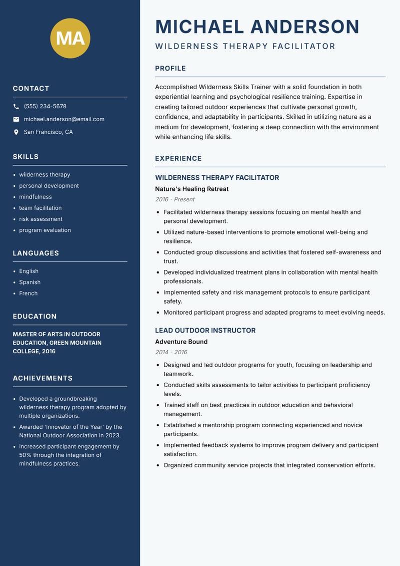 Wilderness Skills Trainer Resume Preview Example