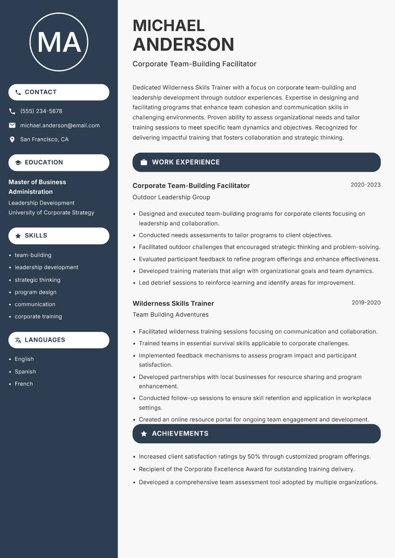 Wilderness Skills Trainer Resume Preview Example