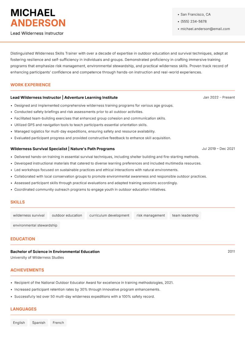 Wilderness Skills Trainer Resume Template
