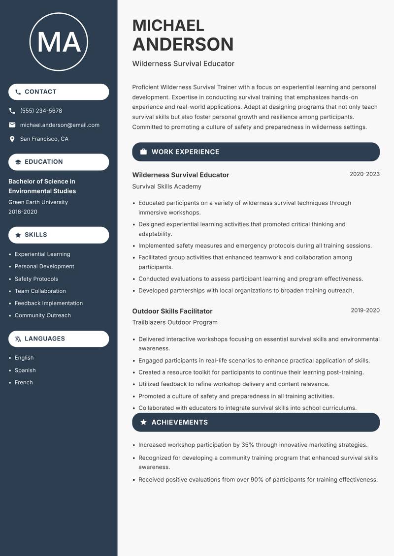 Wilderness Survival Trainer Resume Preview Example