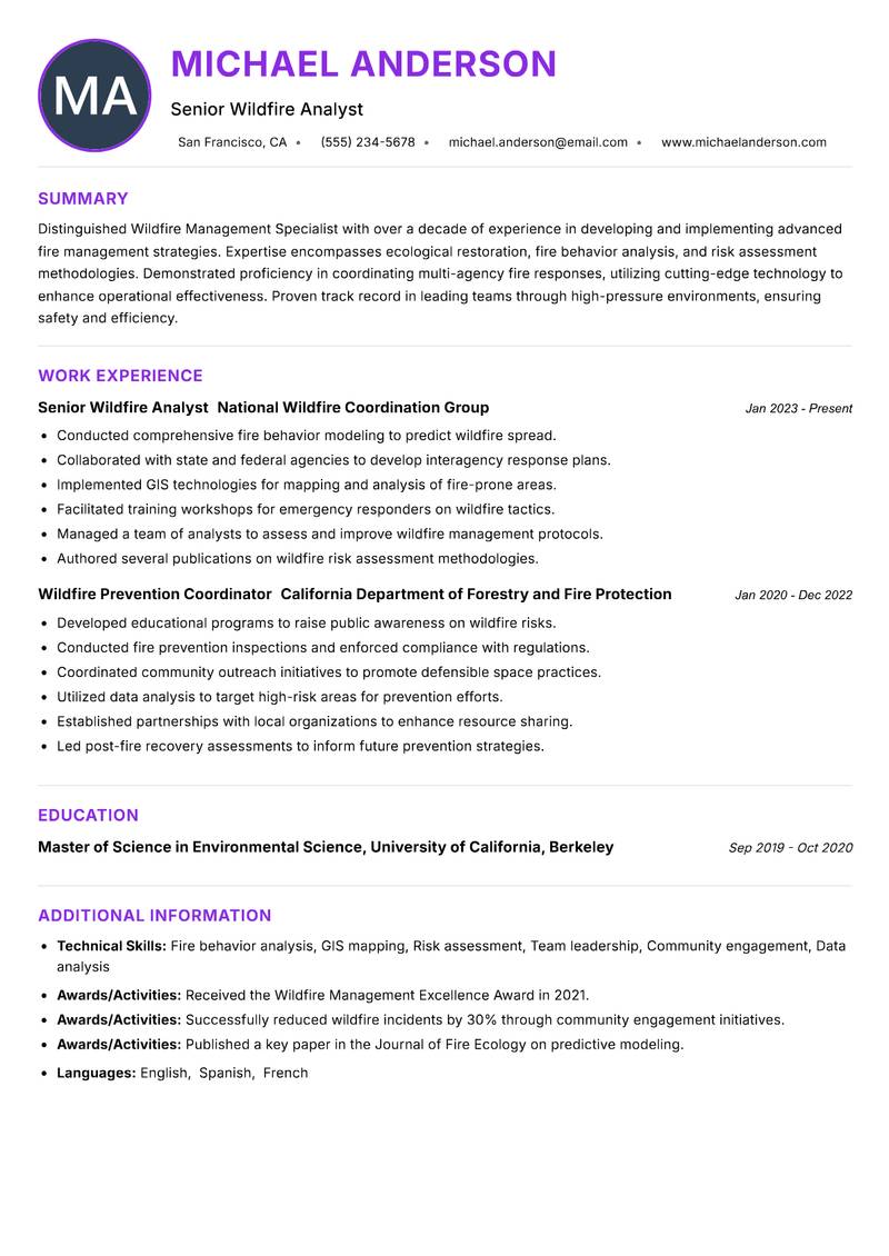 Wildfire Management Specialist Resume Preview Example