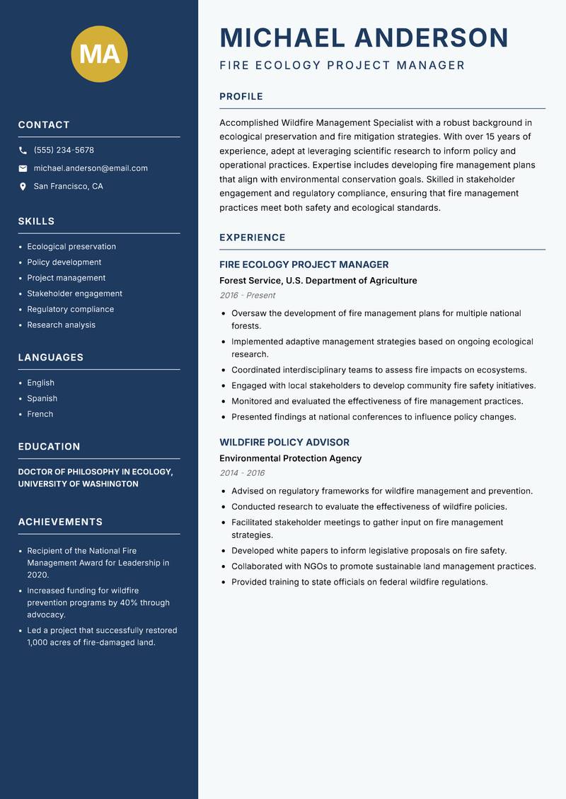 Wildfire Management Specialist Resume Preview Example