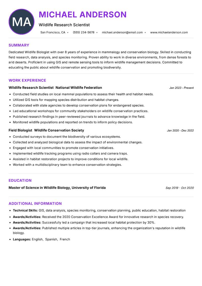 Wildlife Biologist Resume Preview Example