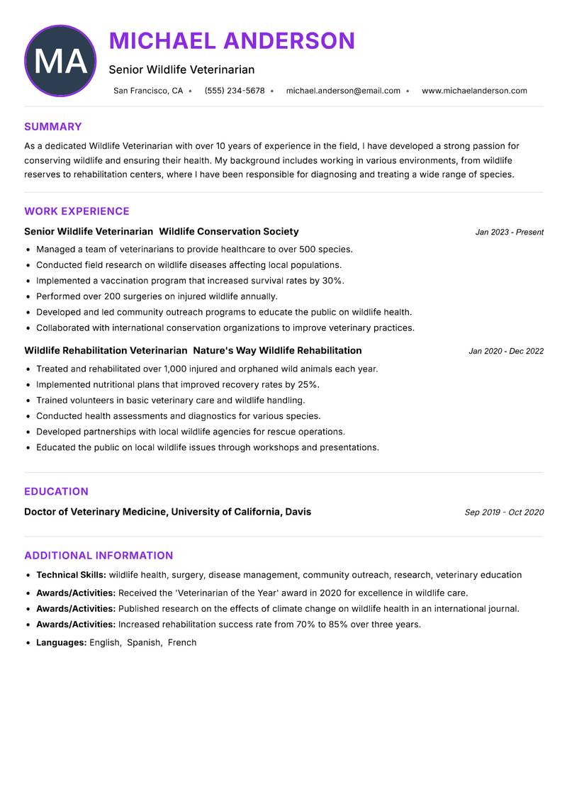 Wildlife Veterinarian Resume Preview Example