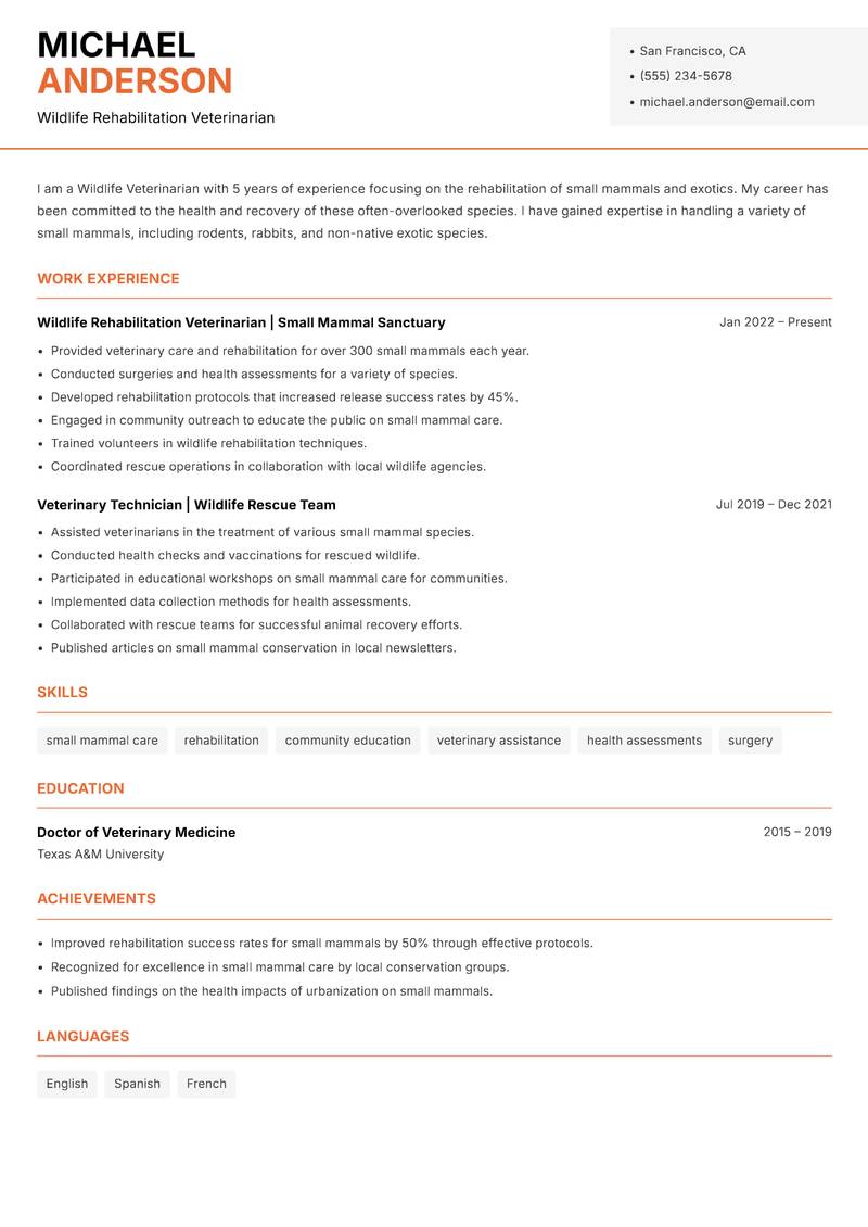 Wildlife Veterinarian Resume Template