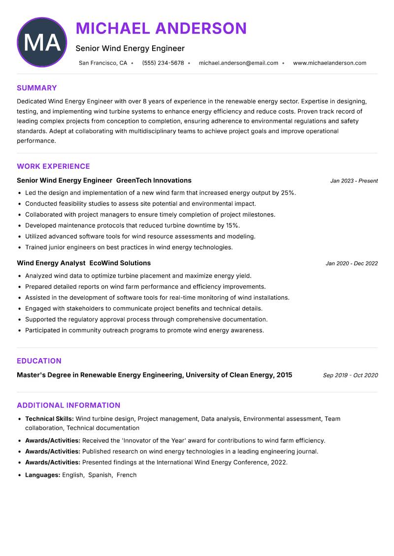 Wind Energy Engineer Resume Preview Example