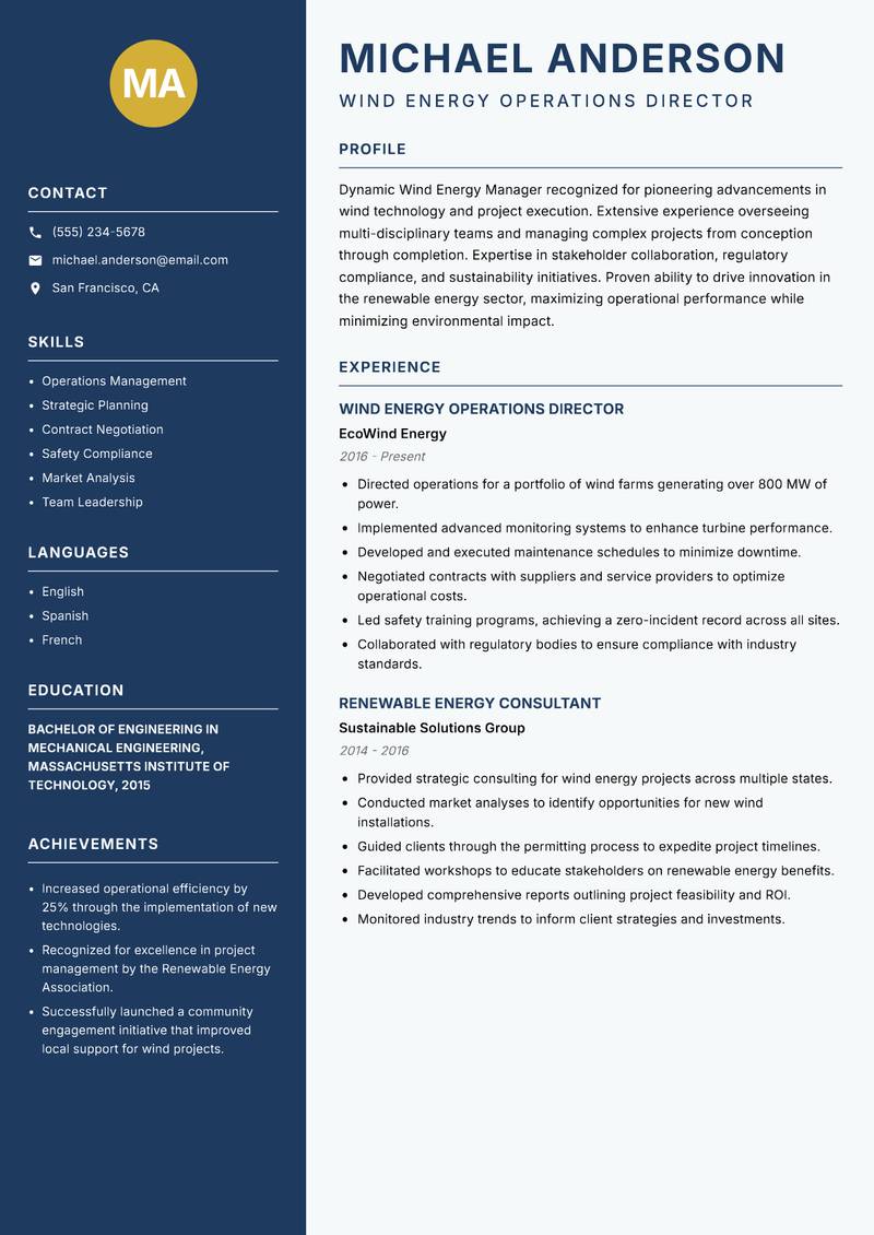 Wind Energy Manager Resume Preview Example
