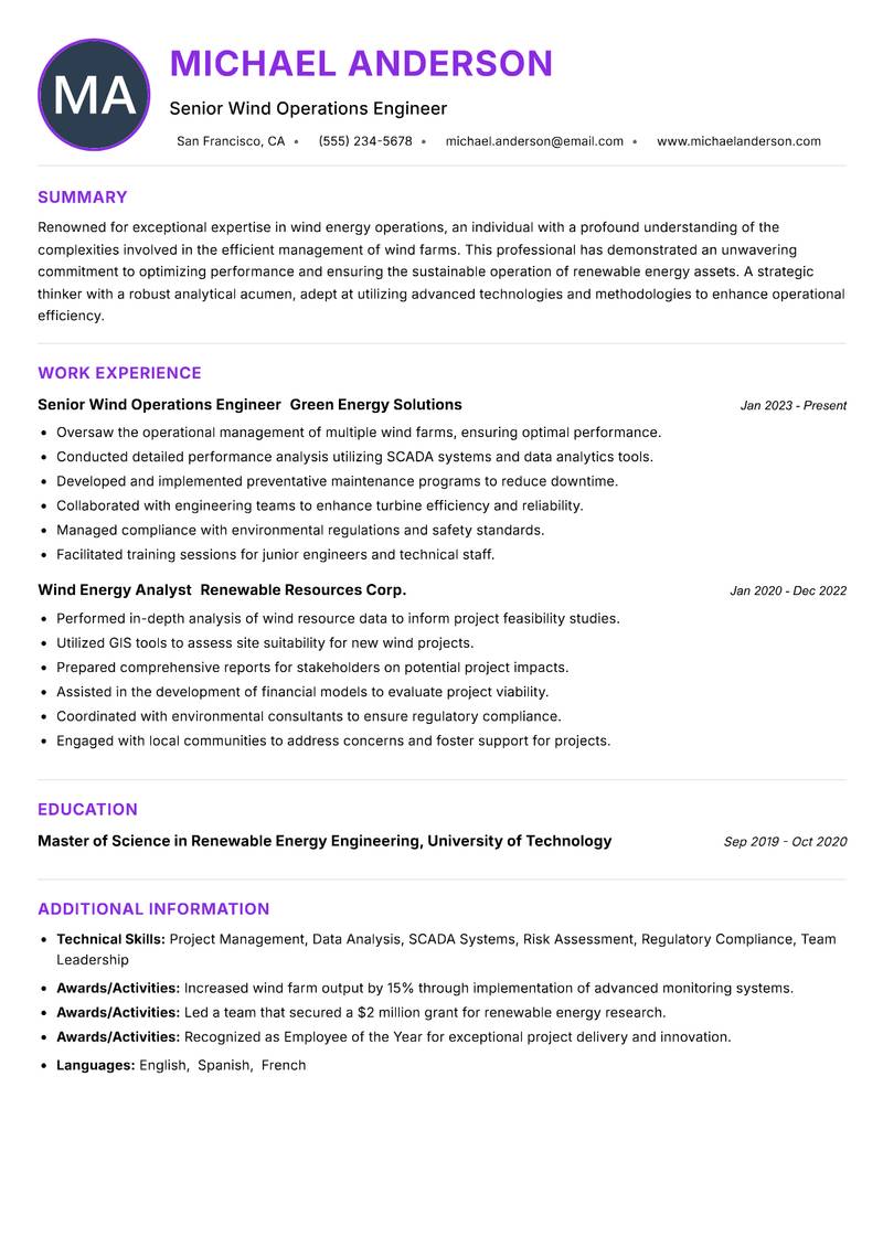 Wind Operations Engineer Resume Preview Example