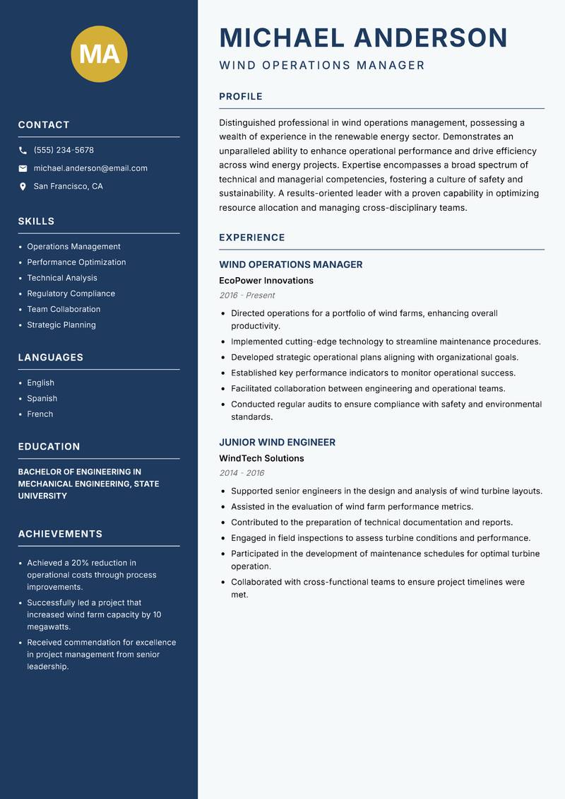 Wind Operations Engineer Resume Preview Example