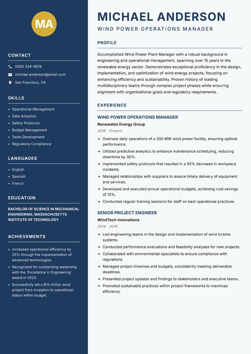 Wind Power Plant Manager Resume Preview Example
