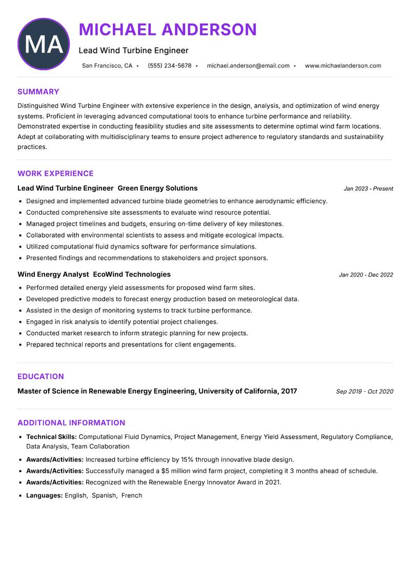 Wind Turbine Engineer Resume Preview Example