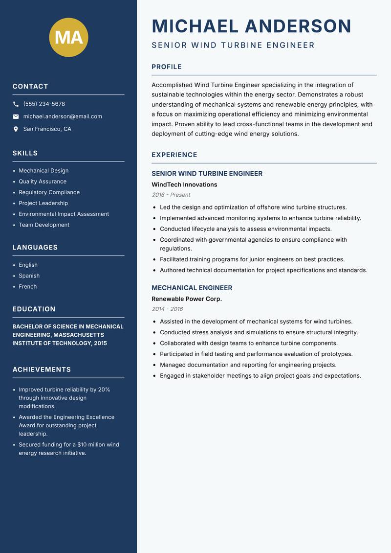 Wind Turbine Engineer Resume Preview Example