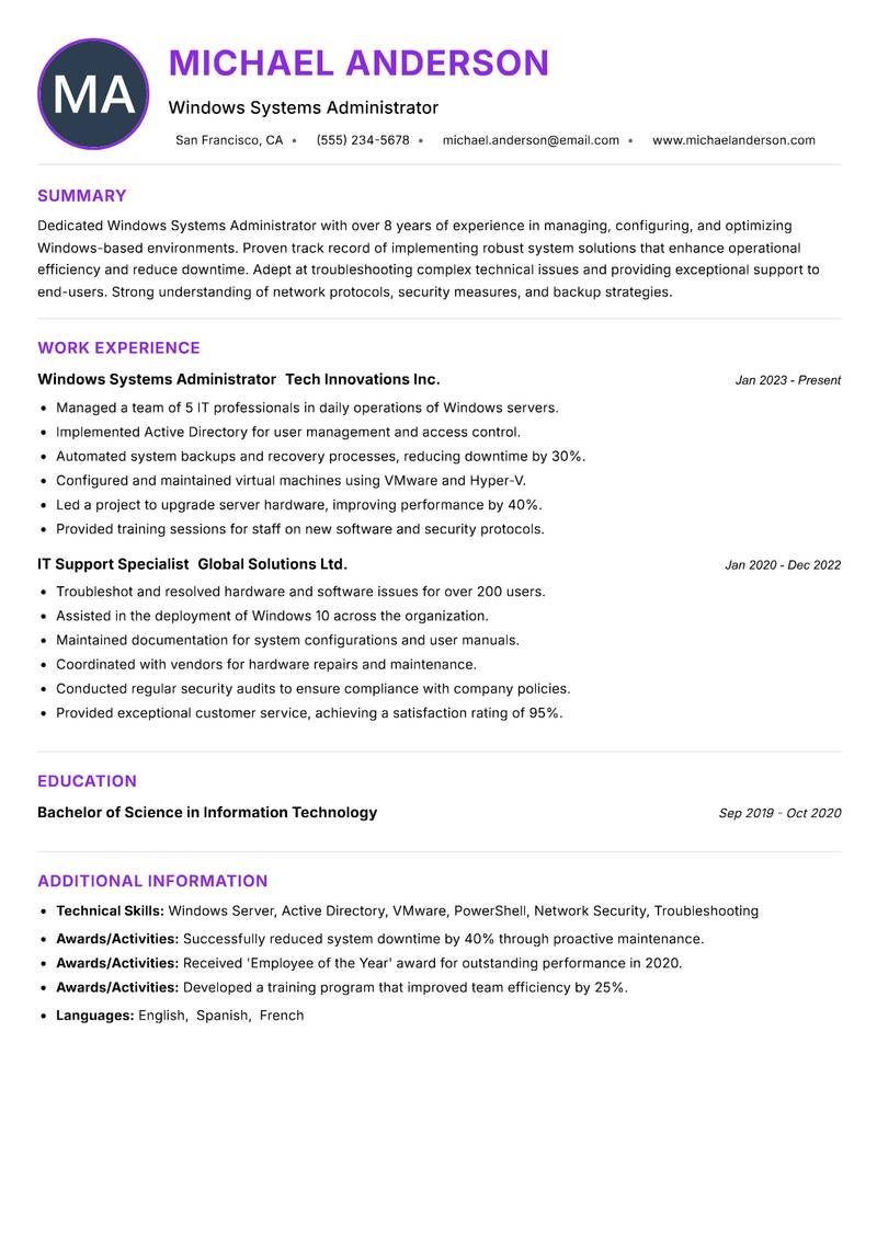 Windows Systems Administrator Resume Preview Example