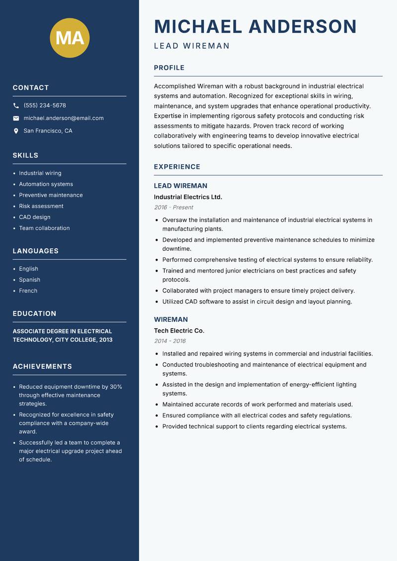 Wireman Resume Preview Example