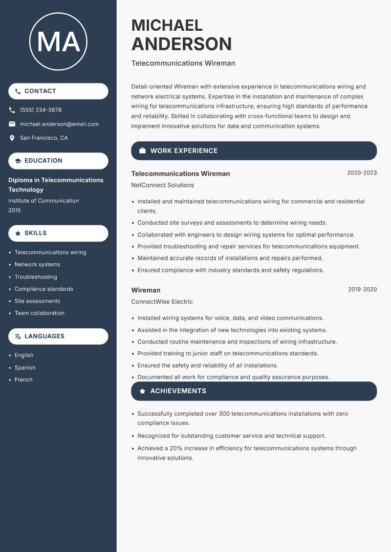 Wireman Resume Preview Example