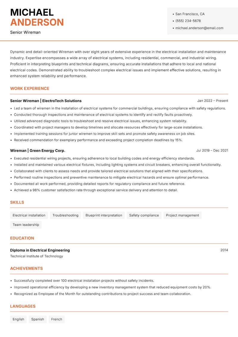 Wireman Resume Template