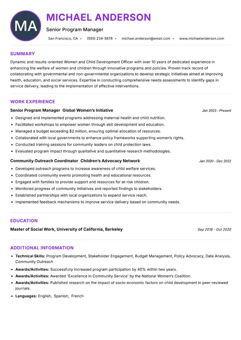 Women and Child Development Officer Resume Preview Example
