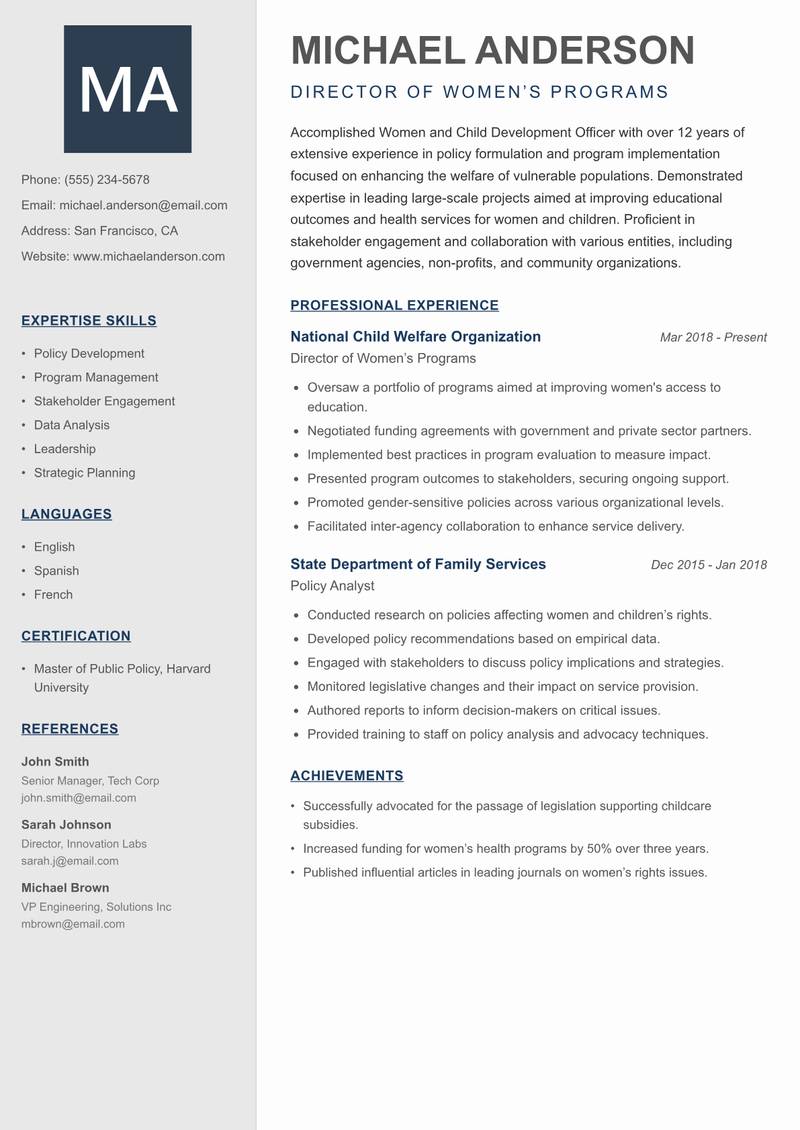 Women and Child Development Officer Resume Preview Example