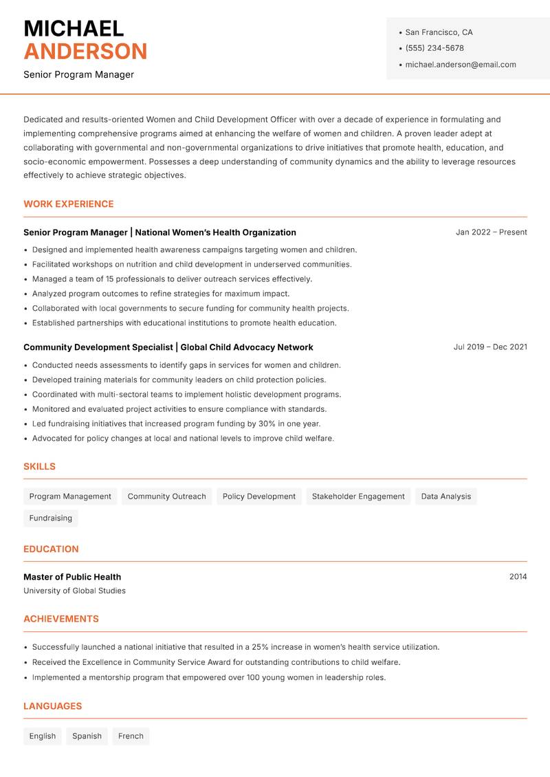 Women and Child Development Officer Resume Template