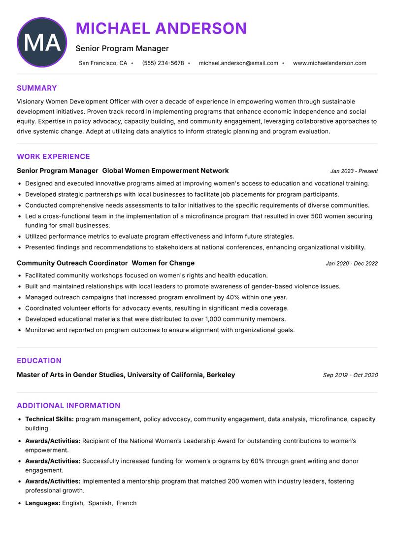 Women Development Officer Resume Preview Example