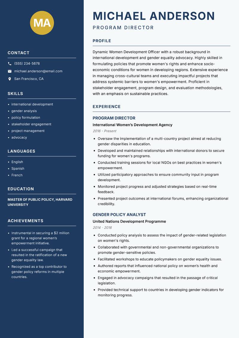 Women Development Officer Resume Preview Example
