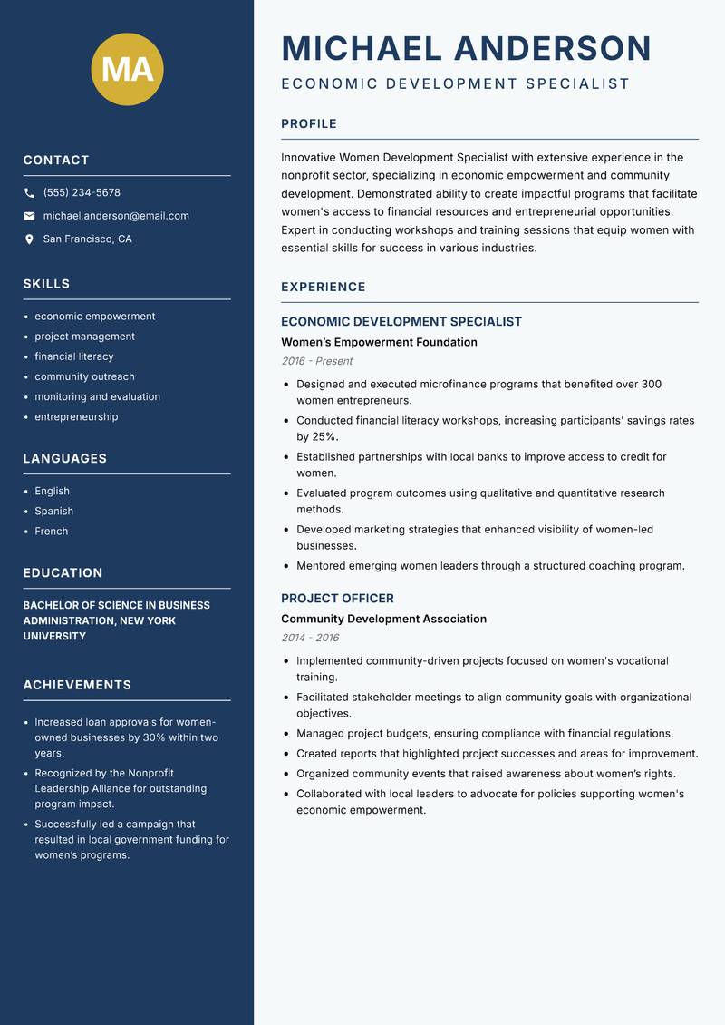 Women Development Specialist Resume Preview Example