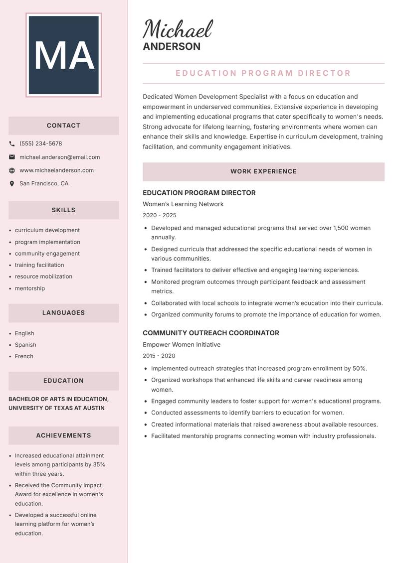 Women Development Specialist Resume Preview Example