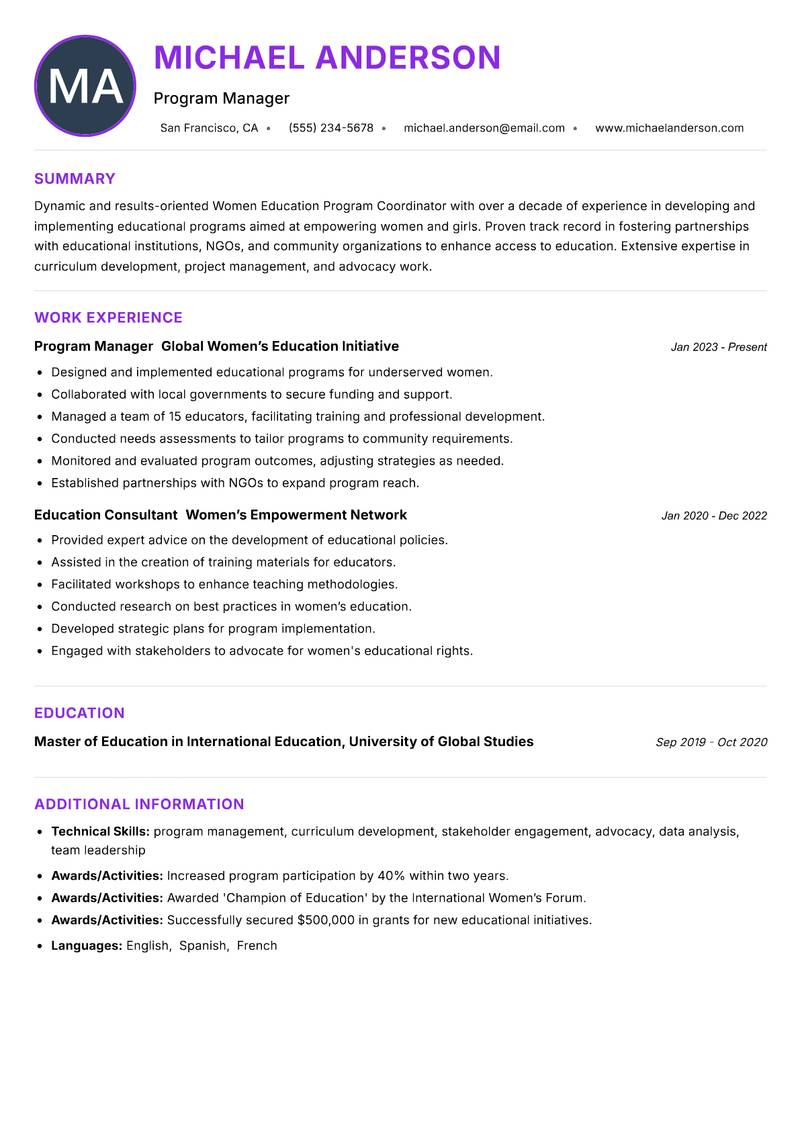 Women Education Program Coordinator Resume Preview Example