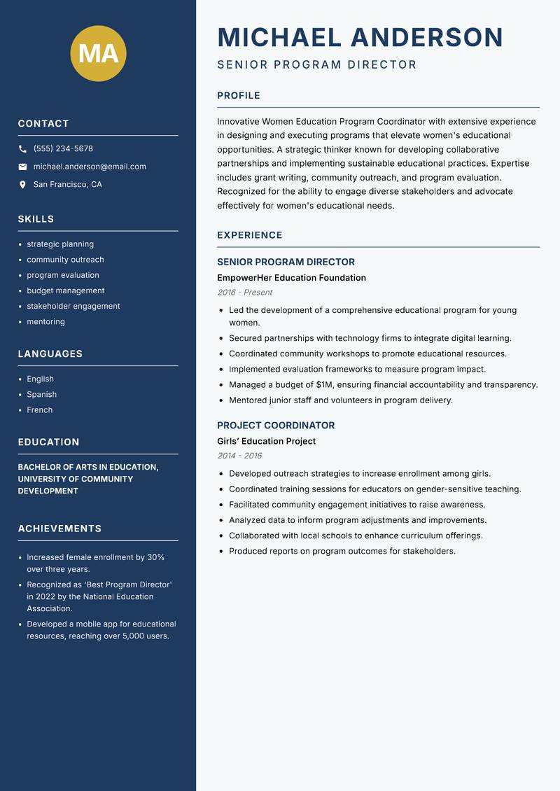 Women Education Program Coordinator Resume Preview Example