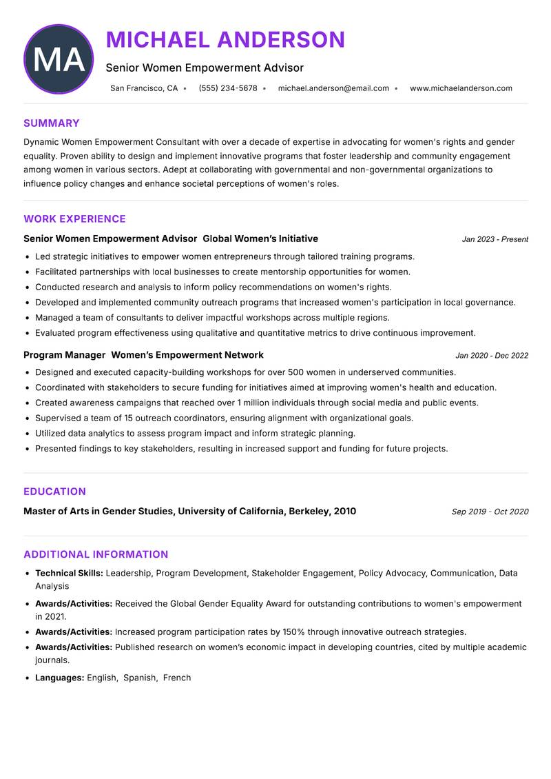 Women Empowerment Consultant Resume Preview Example