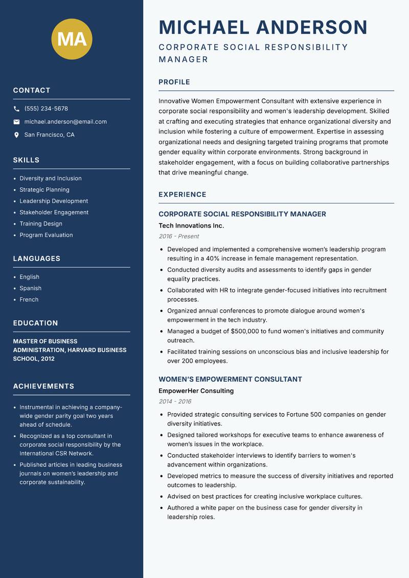 Women Empowerment Consultant Resume Preview Example