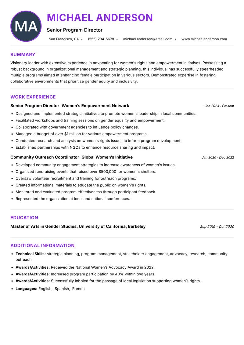 Women Empowerment Executive Resume Preview Example