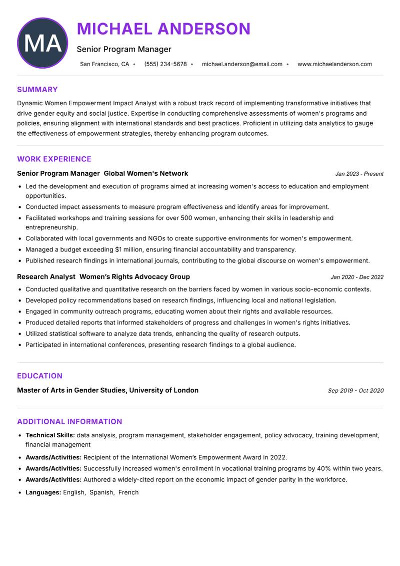Women Empowerment Impact Analyst Resume Preview Example